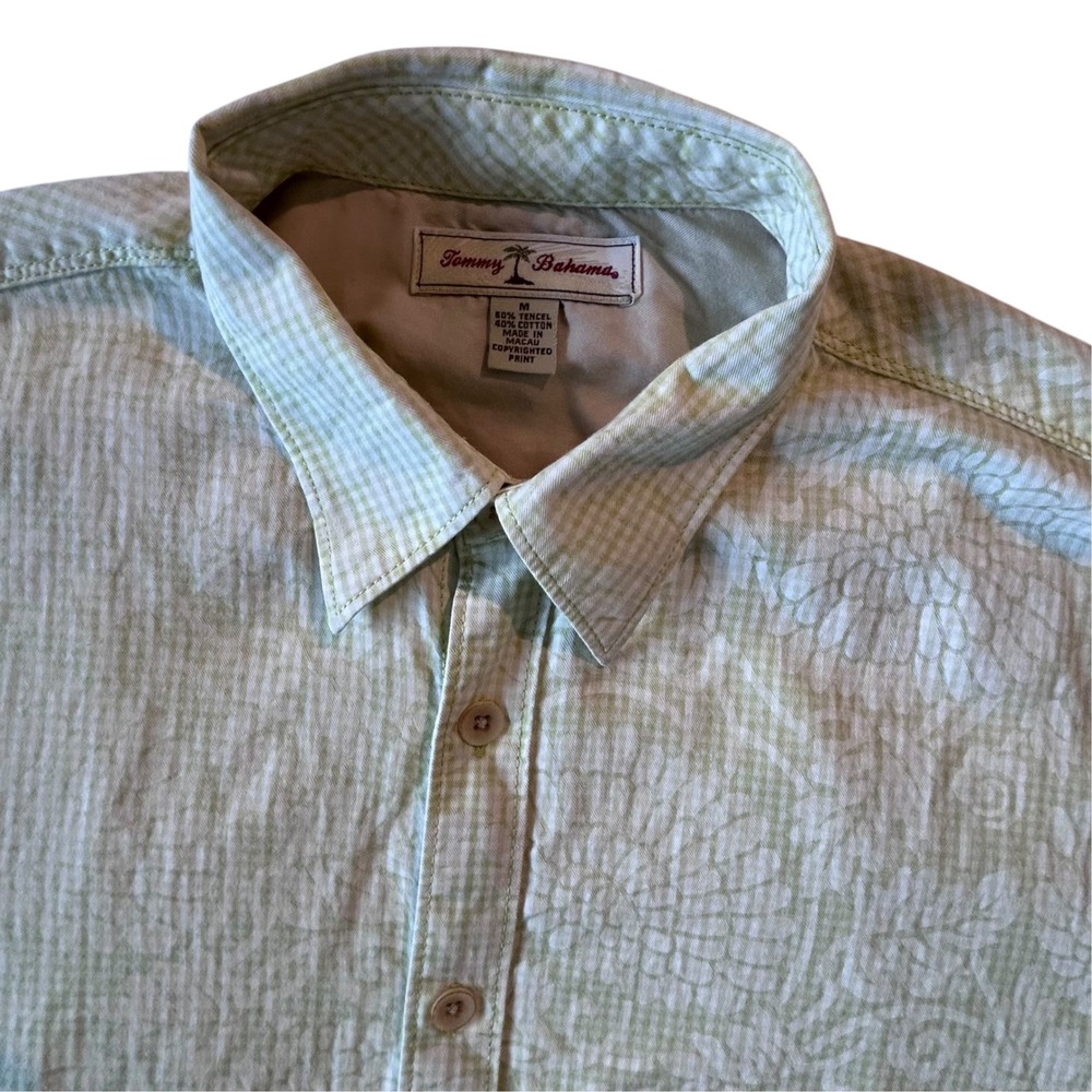 Tommy Bahama Mens M Green Floral Tencel Cotton Short Sleeve Button Up Shirt
